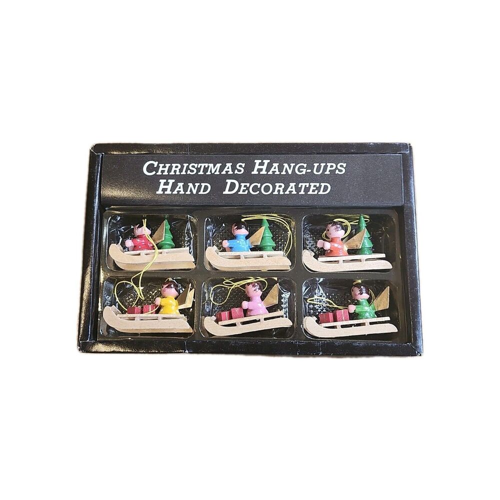 Christmas Hang-ups Hand Decorated 6 Tree Ornaments Angels Sledding Vintage Wood